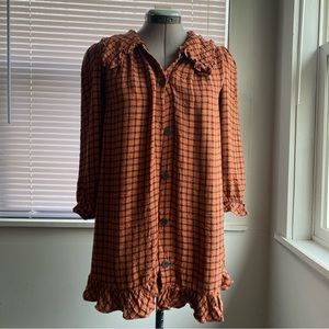 ZARA Beautiful Cotton Button Up Blouse Orange Black Squares Size M